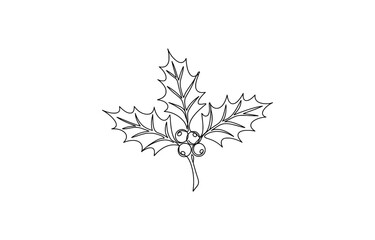 Continuous one line drawing of holly berries and leaves, simple minimalist holiday symbol vector illustration.