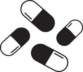 Clean vector silhouette design showcasing four scattered medical capsules, symbolizing pharmaceutical medication, essential healthcare, and modern treatment for overall wellness. Minimalist graphic