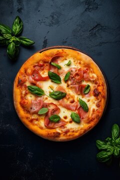 Delicious prosciutto pizza with fresh basil leaves on dark background italian cuisine food photography for restaurant menus and recipe illustrations