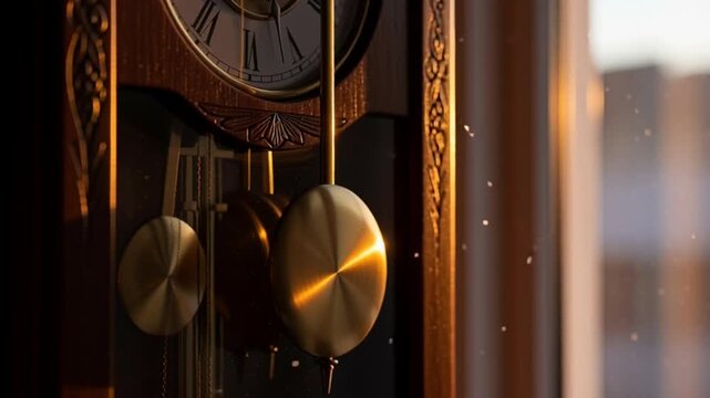 Vintage grandfather clock pendulum swinging with warm sunlight and dust motes dancing