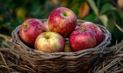 A basket of apples is sitting on a pile of straw