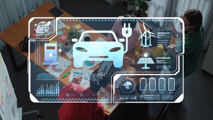 A dynamic team collaborates on electric vehicle strategies, surrounded by data visualization graphics depicting sustainable energy solutions and innovation processes. Raster