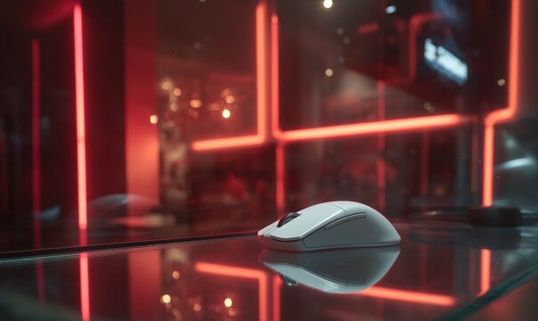 A white computer mouse is sitting on a table in front of a red wall