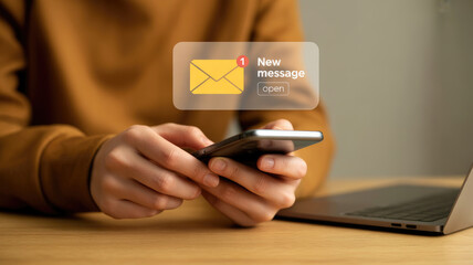 Person holding smartphone with digital notification overlay showing new message alert and open button