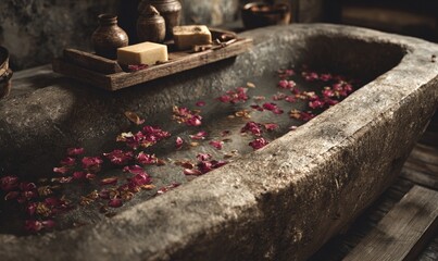 A bathtub filled with red rose petals