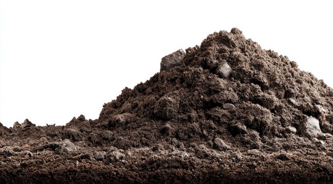 A pile of dark, loamy soil against a plain white background