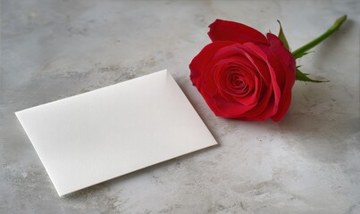 A white card with a red rose on top of it