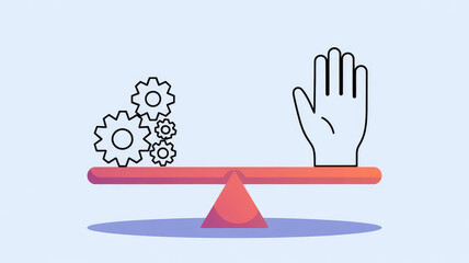 Stylized balance scale with gears and human hand symbolizing equilibrium between tech and humanity