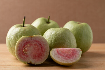 Guava fruit on wooden background, Tropical fruit 