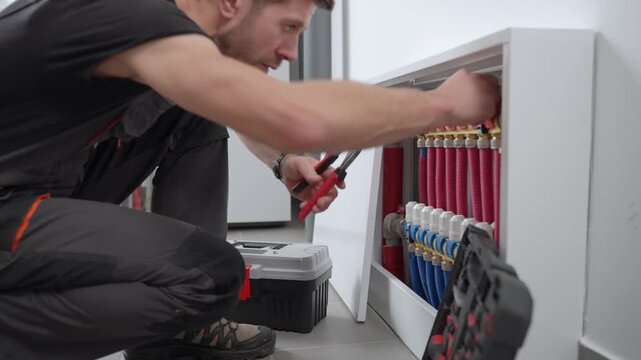 Technician inspecting underfloor heating manifold with pipes and valves in utility room. Concept of heating installation, plumbing maintenance, HVAC service and residential energy system