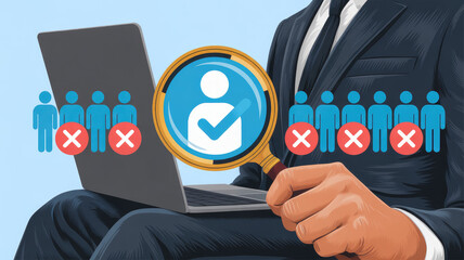 Businessperson selecting candidate with magnifying glass and checkmark among rejected human icons