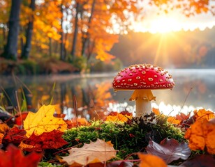 A vibrant red mushroom with white spots amid fall foliage and a lake at sunset