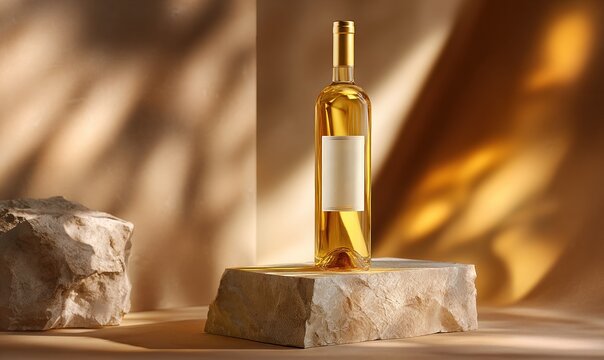A bottle of wine is sitting on a stone ledge