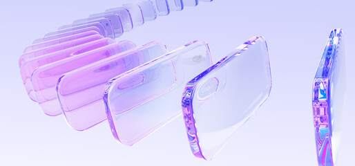 3d graphic array of glass transparent rectangle plate shape row with pink purple holographic gradient on light blue tech background. Render abstract curve wave flow with motion effect. 3D illustration