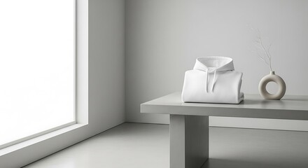 Minimalist White Shirt on Table Near Window with Vase.