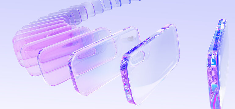3d graphic array of glass transparent rectangle plate shape row with pink purple holographic gradient on light blue tech background. Render abstract curve wave flow with motion effect. 3D illustration
