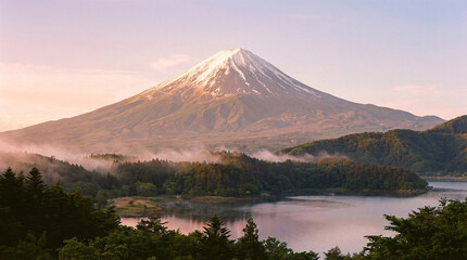 Iconic Mount Fuji shot on film camera at sunset dusk with forest lake scenery forming calming nature landscape wallpaper background