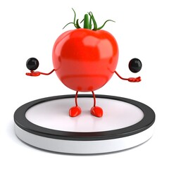 A vibrant red tomato character juggling two black spheres on a white platform