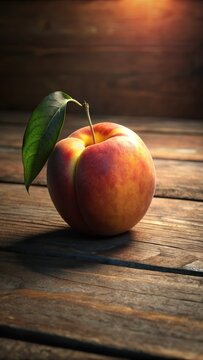 A juicy cut peach lies artfully on a rustic wooden table, inviting the eye to linger