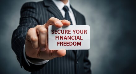 Businessman in pinstripe suit holding a financial freedom security card promoting wealth management investment and economic stability