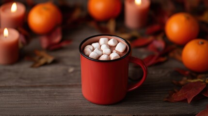 Red mug with hot chocolate and marshmallows on wooden table with candles and tangerines for autumn and winter holidays
