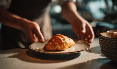 A person is holding a croissant on a plate