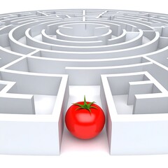 A vibrant red tomato sits at the center of a pristine white maze