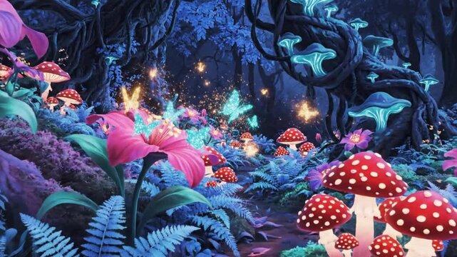 Whimsical illustration of a fantastical forest with glowing mushrooms and fireflies in a vibrant, dreamlike setting inspired by alice in wonderland