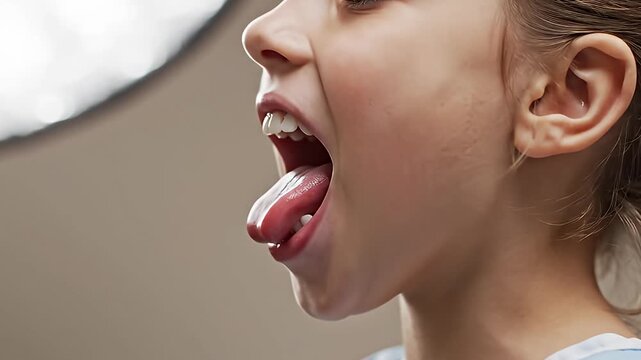Pediatric Health Checkup Close Up of Young Girl Opening Mouth Wide for Throat and Tonsil Examination 8K
