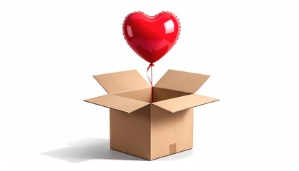 Heartfelt Surprise: A captivating image showcases a red heart-shaped balloon emerging from an open cardboard box, symbolizing a thoughtful gift or special surprise.