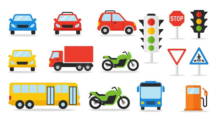 Fototapeta premium Colorful Flat Design Vector Illustration of Cars, Buses, Trucks, and Traffic Elements