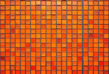 Intricate mosaic pattern of vibrant orange tiles, varying shades and textures, orange, interior design