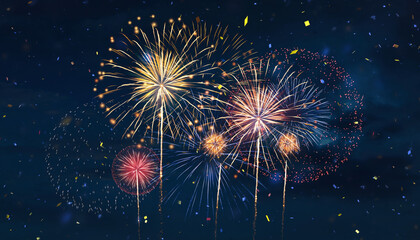 Beautiful night sky illuminated by dazzling fireworks and glittering confetti