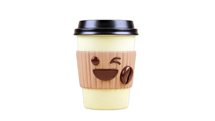 Smiling Coffee Cup with Coffee Bean and Wink on White Background