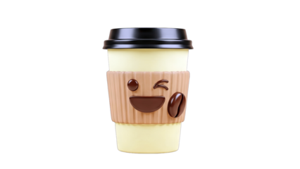 Smiling Coffee Cup with Coffee Bean and Wink on White Background