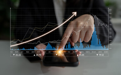 A professional examining a smartphone displaying analytics graphs, including trend lines and bar charts. The image symbolizes financial growth and informed decision-making. Scalp