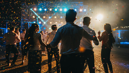 Fototapeta premium A vibrant outdoor party with people dancing under confetti and bright lights