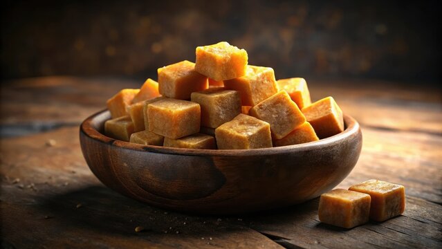 Artisanal jaggery cubes in a rustic wooden bowl, awaiting their sweet fate