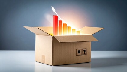 Box of Opportunity: An open cardboard box radiates with an upward-trending bar graph, symbolizing growth, innovation, and strategic advantage.