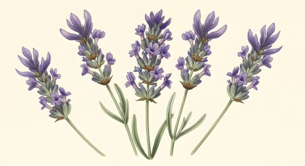 Five lavender sprigs showcasing purple flowers and green stems arranged on an offwhite background