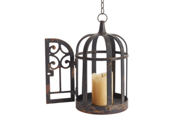 Ornate dark metal lantern with an open door and lit candle isolated on transparent background