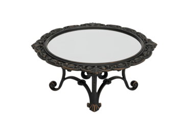 Antique ornate oval mirror on a decorative stand isolated on transparent background