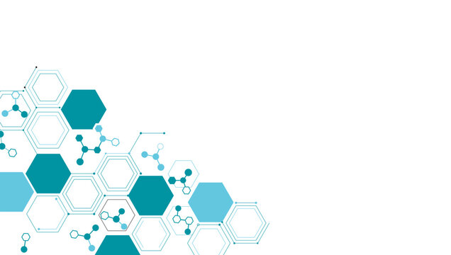 Abstract teal hexagonal pattern with molecular structures, scientific background design