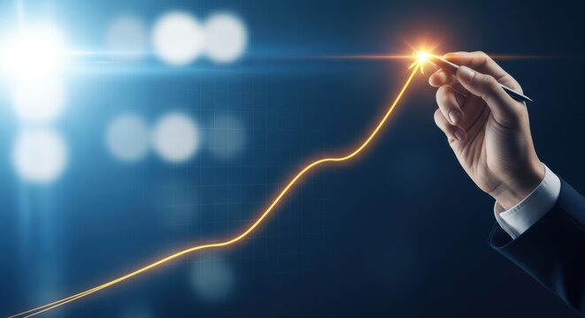 Businessperson hand drawing glowing golden arrow chart symbolizing financial growth success and innovative future technology achievement - Powered by Adobe