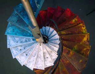 A vibrant, spiral staircase with color-gradient steps, viewed from above, with central pole