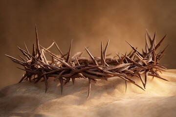 Fototapeta premium Crown of Thorns Symbolizing Easter and Christian Sacrifice Resting on Textured Cloth