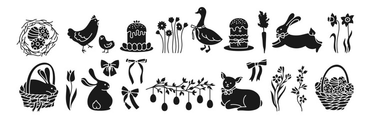 Easter elements black signs silhouettes set. Easter eggs, basket of eggs cakes, rabbit, chicken, goose lamb and flowers. Easter holiday scene festive. Cartoon childish vector for stamp stencil, press