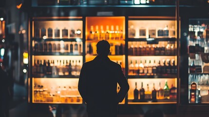 A man stands silhouetted against a brightly lit display of liquor bottles in a store window.