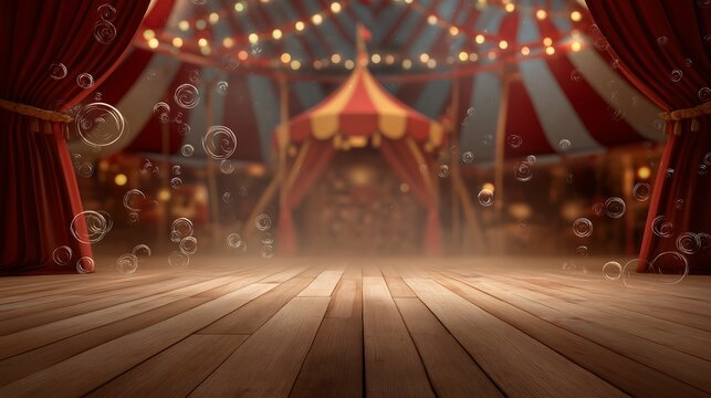 3d rendering of a circus background with a big top, wooden floor, and bubbles flying in the air. magic show stage backdrop design. circus tent interior scene with copy space