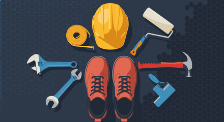 A colorful flat lay illustration featuring essential construction and DIY tools, safety helmet, and work boots, representing skilled labor and home improvement.